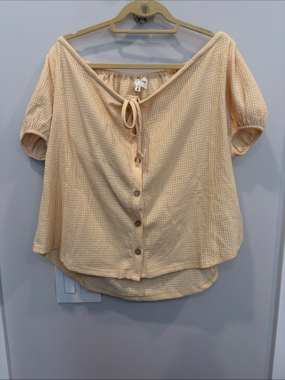 Light Yellow Button-Front Tie-Neck Blouse